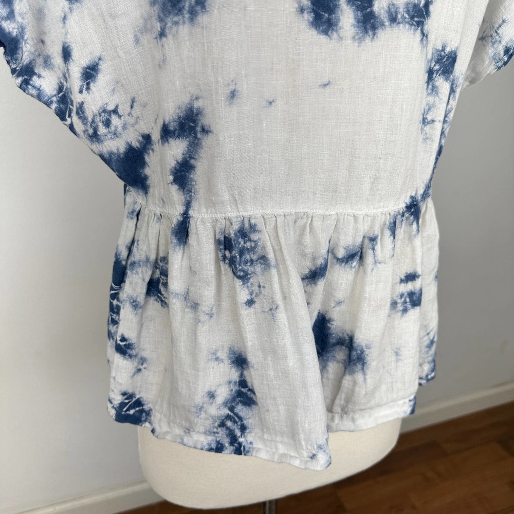 Racheal Zoe babydoll 100% Linen Lagenlook peplum oversized top XS White Blue - Picture 5 of 12